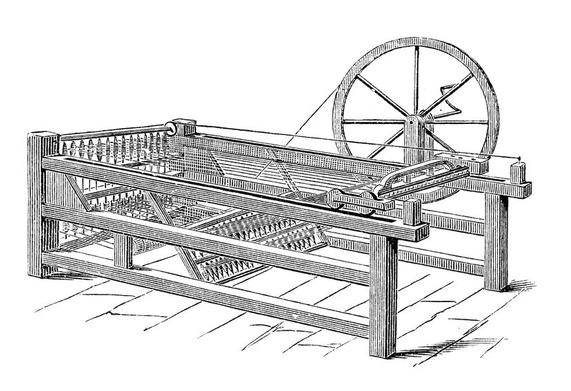 Antique illustration of a two-handed Hargreaves Jenny, aka Spinning Jenny