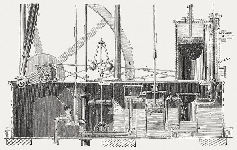 This wood carving depicts James Watts' double-acting steam engine.