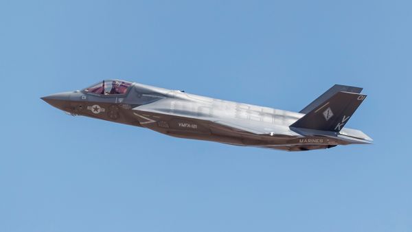 A U.S. Marine Corps F-35B climbs out after takeoff from Nellis Air Force Base, Nevada.
