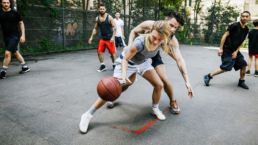 Playing basketball