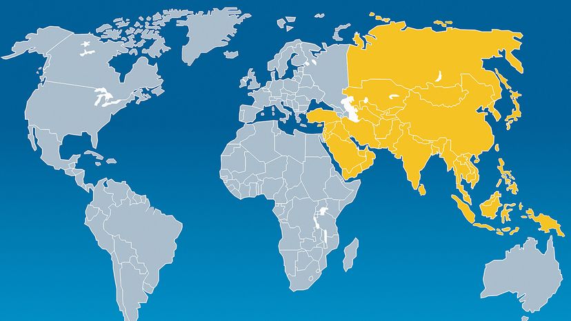 World map with Asian countries highlighted in yellow