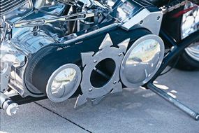 A machined primary cover is yet anotherone-of-a-kind touch on this radical chopper.