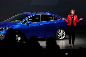 General Motors CEO Mary Barra reveals the new GM 2016 Chevrolet Cruze at The Filmore Detroit on June 24, 2015.