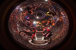 The Torres Family performs with 8 motorcycles in a 16-foot steel sphere, where speeds can reach up to 65 miles per hour.