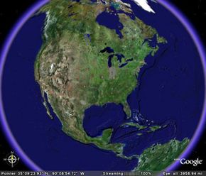 The starting image in Google Earth is a satellite view of North America. With Google Earth you can zoom from continent to street level. See pictures of famous landmarks.