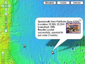 Screenshot of Google Mars with the &quot;spacecraft&quot; feature turned on