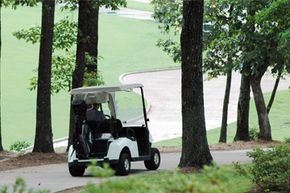 A golfer drives down a hill in a golf cart at Ross Bridge Golf Resort and Spa in Hoover, Ala., on June 10, 2008.