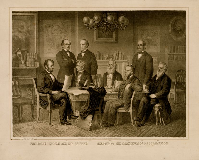 President Abraham Lincoln reads the Emancipation Proclamation to his Cabinet in 1865.