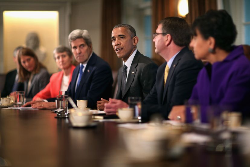 President Barack Obama makes a brief statement to the news media during a meeting with his cabinet.