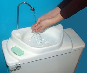 Sinkpositive, from Environmental Designworks, sits atop your toilet tank, releasing clean water for you to use. Fresh water comes in through the faucet and drains directly into the bowl.