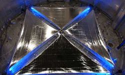 A four quadrant, 20-meter solar sail system is fully deployed during testing at NASA Glenn Research Center's Plum Brook facility in Sandusky, Ohio.