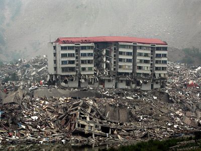 Rescue workers search for survivors in Beichuan County.