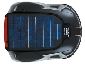 The mower's 12-watt solar photovoltaic solar cell panel keeps it running fuel-free.