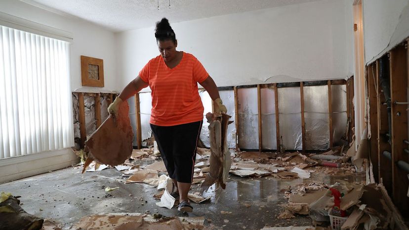 Regina Perry carries wet sheetrock as she cleans out of her home that was inundated with water as she begins the process of rebuilding after Hurricane Harvey caused widespread flooding in Houston. Joe Raedle/Getty Images