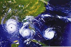 This photo is a composite of three days' views (Aug. 23, 24 and 25, 1992) of Hurricane Andrew as it slowly moved across south Florida from east to west.
