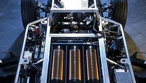 The hydrogen tanks and fuel-cell stack in the Hy-wire