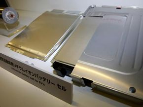 Nissan Motors's lithium-ion battery for their electric car is seen at the automaker's laboratory in Yokosuka. The same technology that powers an iPod could make its way into hybrid car battery packs. 