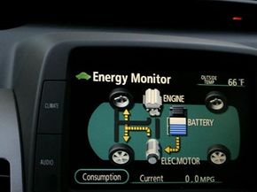 Many hybrid system indicators can coach or guide drivers on fuel efficient habits. Pictured above is the multi-information panel from the Toyota Prius.