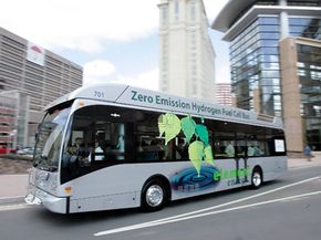 A hydrogen fuel cell powered bus leaves the Connecticut Convention Center in Hartford, Conn., for a demonstration ride.