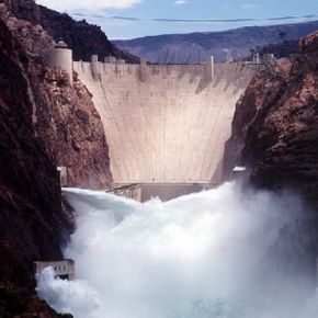 Outflow during a test at the hydropower plant at the Hoover Dam, located on the Nevada-Arizona border. See more pictures of famous landmarks.