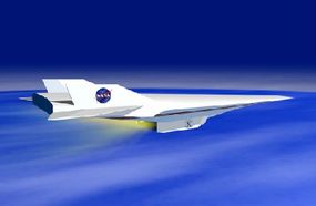 Artist's concept of the X-43A in flight, with the scramjet engine firing