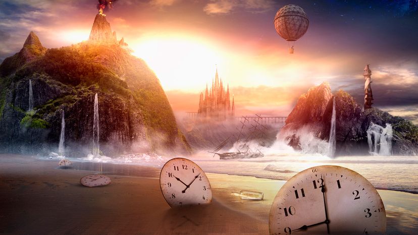 Clocks in dramatic landscape - stock photo