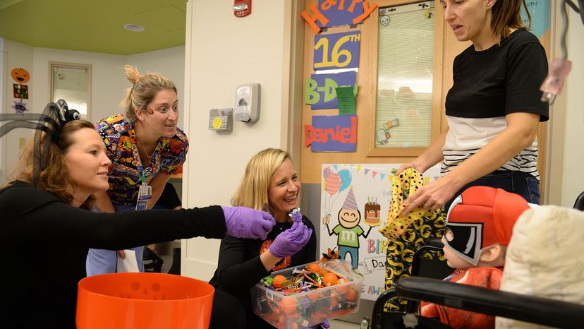 handing out Halloween candy at Boston Children's Hospital