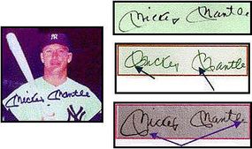 Mickey Mantle's known signature is on top; the FBI determined that the bottom two signatures are forgeries. Note the shaky line quality and variations in the starting and ending strokes.