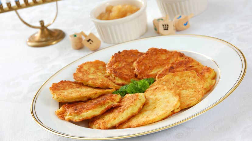 Latkes on a plate with dipping sauce on the side