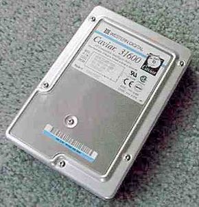 The backside of a Western Digital hard disk drive.