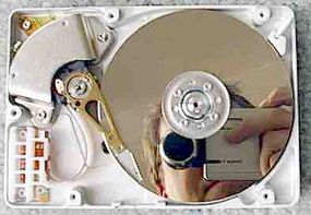 Inside of a hard disk drive.