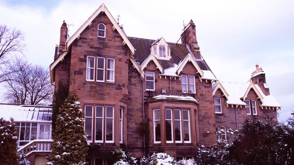 Built structure stands tall in winter window.