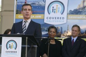 Eric Garcetti, mayor of Los Angeles, Calif., speaks at a Covered California event on October 1, 2013 as part of the opening of the state's Affordable Care Act insurance health insurance marketplace. 