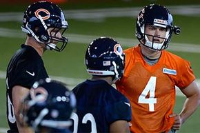 Chicago Bears quarterback Matt Blanchard (4) wears a helmet camera during the Bears Rookie Minicamp in 2013.