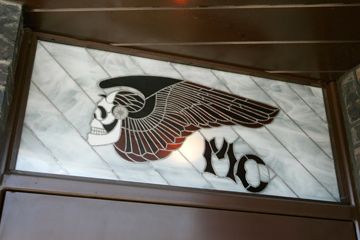 A window with a Hells Angels emblem is seen at the Hells Angels clubhouse in Oakland, Calif., on March 29, 2007.