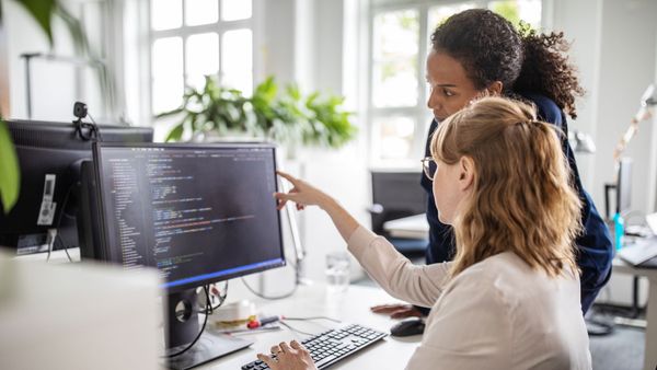 Coworkers discussing computer program