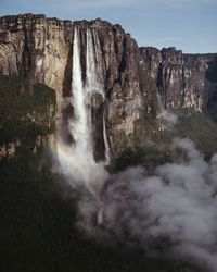 A cascading cliffside waterfall.