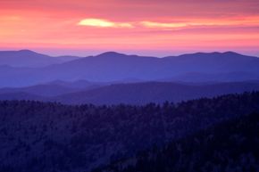 Sunset paints the mountain forest in gold.