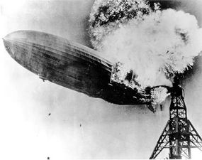 The Hindenburg catching fire on May 6, 1937 at Lakehurst Naval Air Station