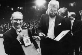 A good day to be a scientist! Milstein (left) grins with Georges Kohler after their joint award (with Niels Jerne) of the 1984 Nobel Prize in physiology or medicine for their work on the immune system.