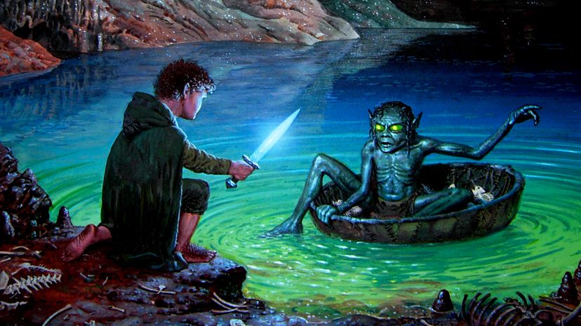 The creature Gollum, once a hobbit-like character named Smeagol, questions Bilbo Baggins with riddles. Could Gollum have survived in a cave? Where would his vitamin D have come from? The Riddle Game, copyright Ted Nasmith 2017, All Rights Reserved