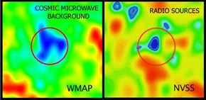 These two images depict temperature variations in the galactic void and surrounding regions. The image on the left was captured by a NASA satellite while the one on the right comes from a radio telescope used in the NRAO Very Large Array Sky Survey.