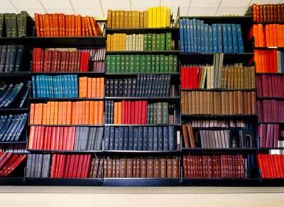 wall of books organized by color