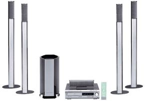 Sony home-theater system, featuring a DVD player with built-in surround-sound receiver and a collection of speakers