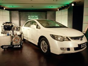 A Honda Civic Hybrid on display in New Delhi, India.