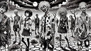 anime-style zombies with shredded clothes stand in a wasteland