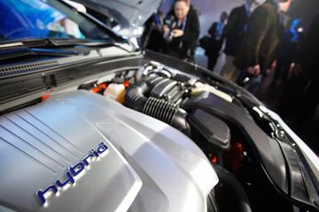 The 2011 Hyundai Sonata Hybrid is displayed at the New York International Auto Show in New York.