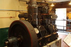 A 2-cylinder, 70 horsepower hot bulb engine built by W.H. Allen &amp; Sons in 1923. The engine is on display at the Internal Fire Museum of Power, Tangygroes, Wales, UK.