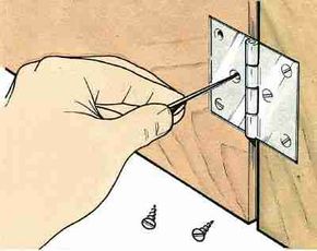 Loose hinge screws can be tightened by filling the hole with wooden toothpicks dipped in glue and trimmed flush.