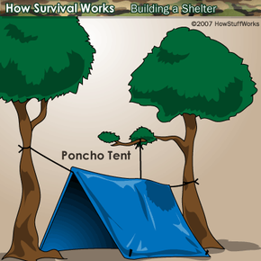 This simple pup tent can be made if you have a poncho and some rope.